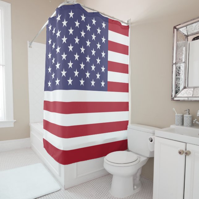 Red White & Blue Patriotic American Flag Shower Curtain (In Situ)