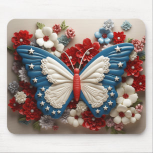 RED WHITE BLUE PATRIOTIC BUTTERFLY & FLOWERS MOUSE PAD