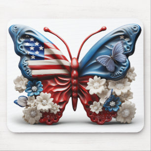 RED WHITE BLUE PATRIOTIC BUTTERFLY & FLOWERS MOUSE PAD