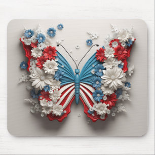 RED WHITE BLUE PATRIOTIC BUTTERFLY & FLOWERS MOUSE PAD