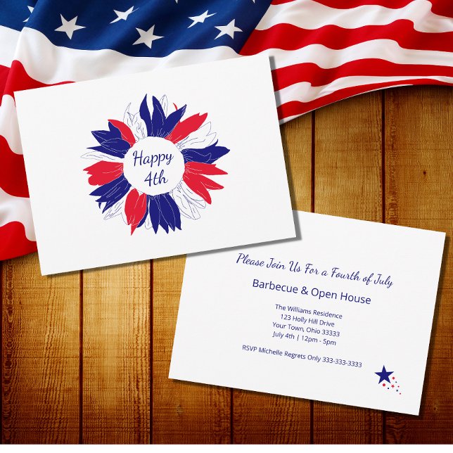 Red White Blue Patriotic Floral Fourth of July BBQ Invitation (Creator Uploaded)