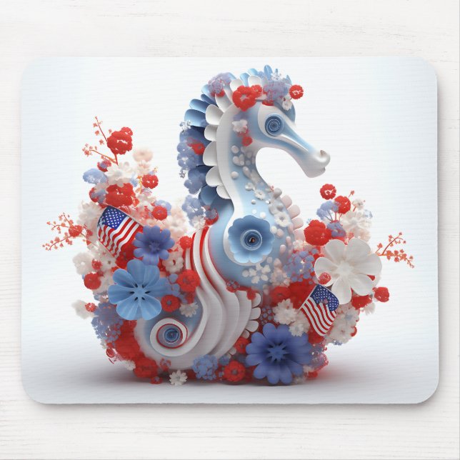 RED WHITE BLUE PATRIOTIC SEAHORSE AND FLOWERS MOUSE PAD (Front)