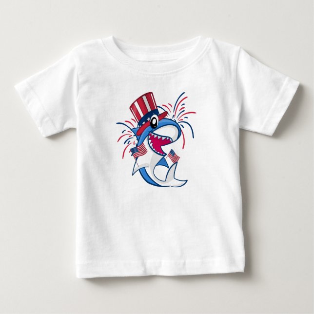 Red White Blue Patriotic Shark 4th of July Baby T-Shirt (Front)