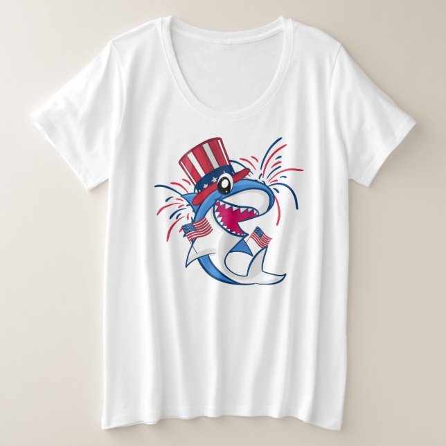 Red White Blue Patriotic Shark 4th of July Plus Size T-Shirt (Design Front)