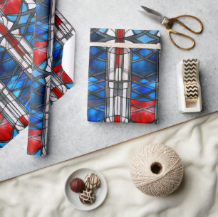 Red White Blue Patriotic Stained Glass 4th of July Wrapping Paper