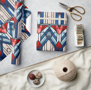 Red White Blue Patriotic Stained Glass 4th of July Wrapping Paper