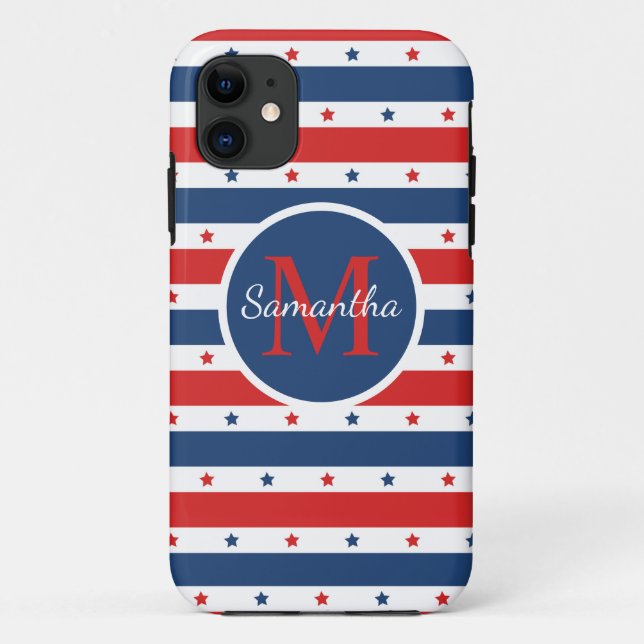 Red White Blue Patriotic stars stripes monogram Case-Mate iPhone Case (Back)