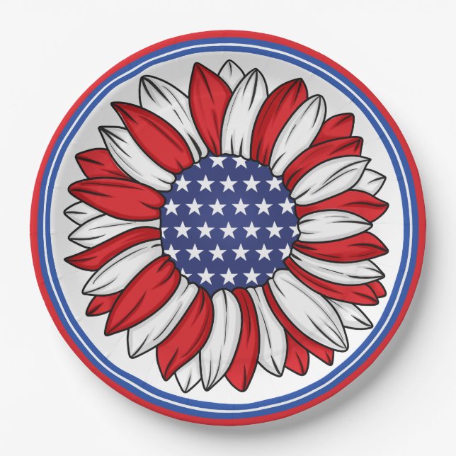 Red, White, Blue Patriotic Sunflower Paper Plate (Front)