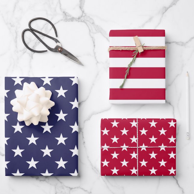 Red White Blue Patriotic USA Wrapping Paper Set (Front)