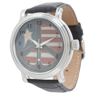 Red White Blue Peace - Men's Black Leather Watch
