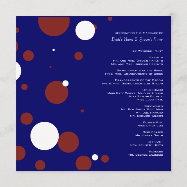 Red, White, Blue Polka Dots Wedding Program Programme (Front)