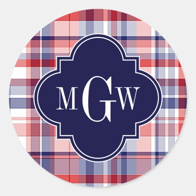 Red White Blue Preppy Madras Monogram Classic Round Sticker (Front)