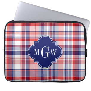Red White Blue Preppy Madras Monogram Laptop Sleeve