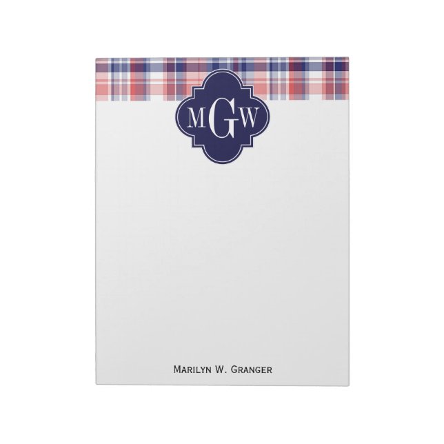 Red White Blue Preppy Madras Monogram Notepad (Rotated)