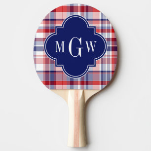 Red White Blue Preppy Madras Monogram Ping Pong Paddle