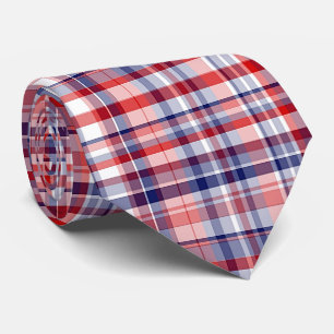 Red, White, Blue Preppy Madras Plaid Tie