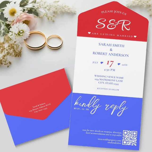 Red White & Blue QR Code Wedding All In One Invitation (Red White & Blue QR Code Wedding All In One Invitation)