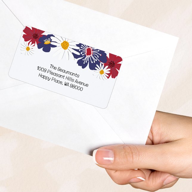 Red White Blue Retro Floral Summer Label (Red white and blue floral address label on the back of a white envelope.)