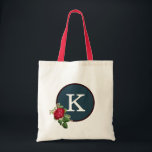 Red White Blue Rose Pattern Elegant Monogram Tote<br><div class="desc">This tote would make a great accessory for that special person in your life! The design features a red rose on a blue circle background, a fully customisable monogram, and plenty of room for school books, garden tools, grocery shopping, or whatever you wish! Makes a great gift for a mum,...</div>