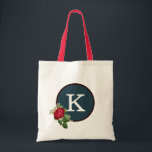 Red White Blue Rose Pattern Elegant Monogram Tote<br><div class="desc">This tote would make a great accessory for that special person in your life! The design features a red rose on a blue circle background, a fully customisable monogram, and plenty of room for school books, garden tools, grocery shopping, or whatever you wish! Makes a great gift for a mum,...</div>