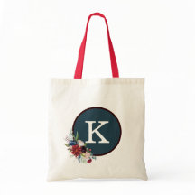 Red White Blue Rose Pattern Elegant Monogram Tote