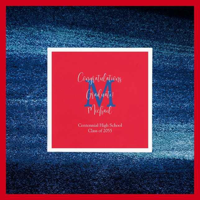 Red White Blue Scarlet Graduation Name Monogram  Napkin (Creator Uploaded)