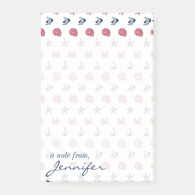 Red White & Blue Sea Pattern | Add Your Name Post-it Notes (Front)