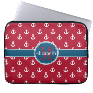 Red White Blue Ship Anchors Monogram Laptop Sleeve