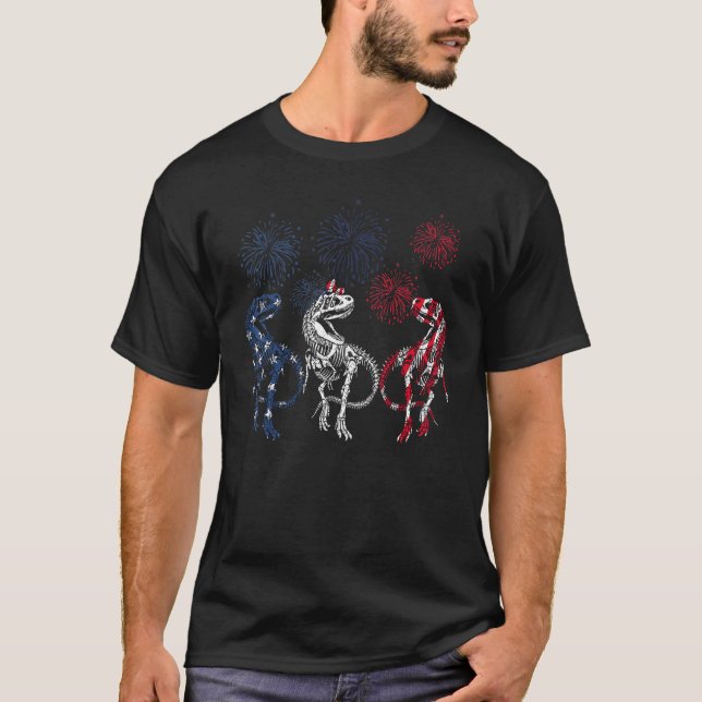 Red White Blue Skeleton Dinosaur Firework 4th Of J T-Shirt (Front)