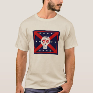red, white, blue skull pirate flag grey t-shirt