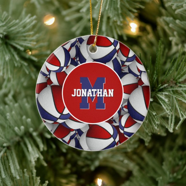 red white blue sports personalised basketball ceramic tree decoration (Tree)