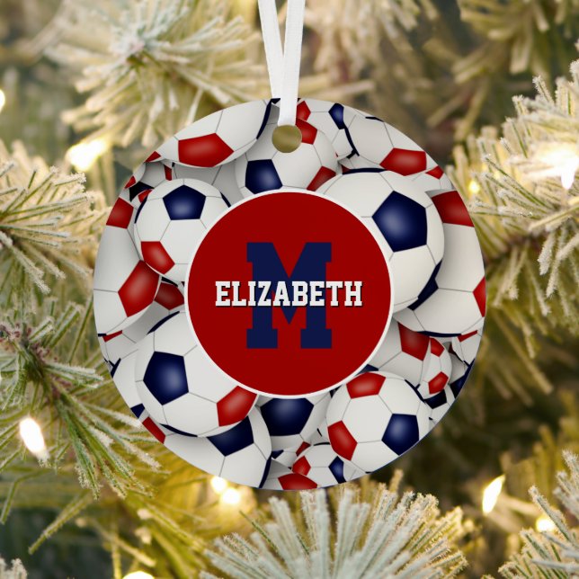 red white blue sports personalised soccer metal tree decoration (Insitu)
