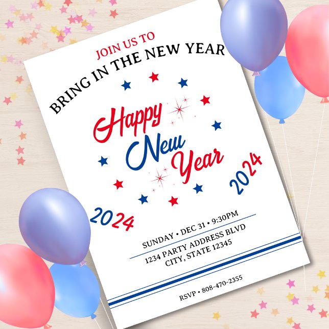 Red White & Blue Star Happy New Year 2024 Invitation (Red White & Blue Star Happy New Year 2024 Invitation)