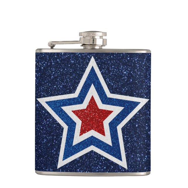 Red, White, Blue Star July 4 Glitter Hip Flask (Front)