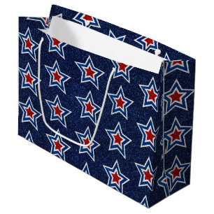 Red, White, Blue Star July 4 Glitter Large Gift Bag