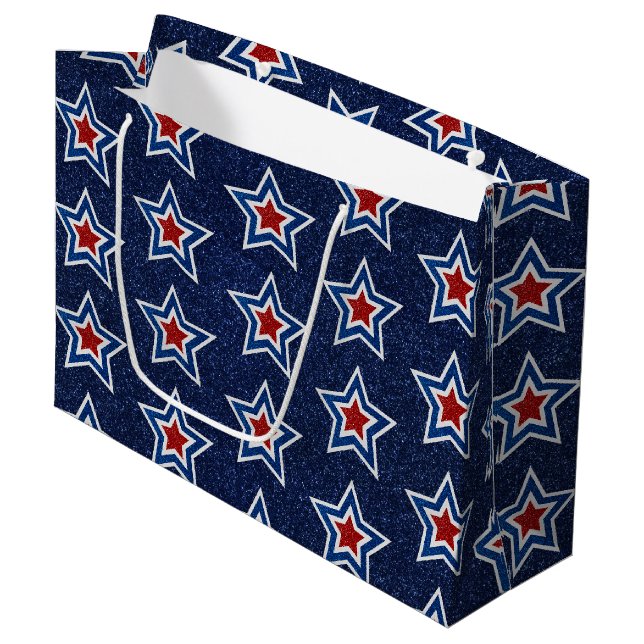 Red, White, Blue Star July 4 Glitter Large Gift Bag (Front Angled)