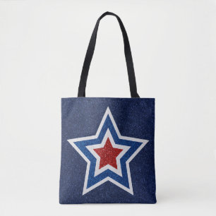 Red, White, Blue Star July 4 Glitter Tote Bag