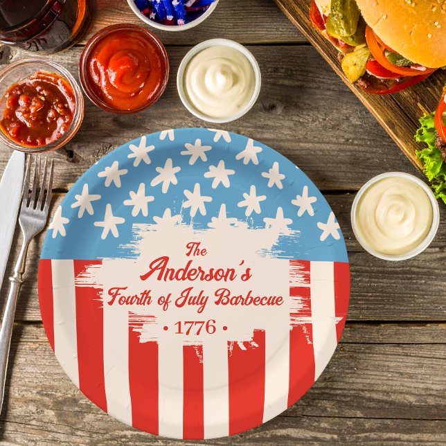 Red White&Blue Star & Stripe Family Name Barbecue Paper Plate (Creator Uploaded)