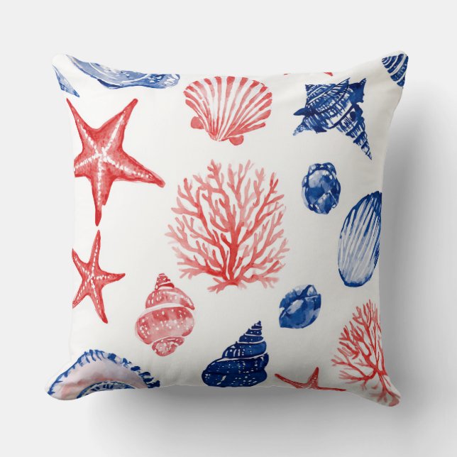 RED WHITE BLUE STARFISH SEASHELLS & PLANTS CUSHION (Front)