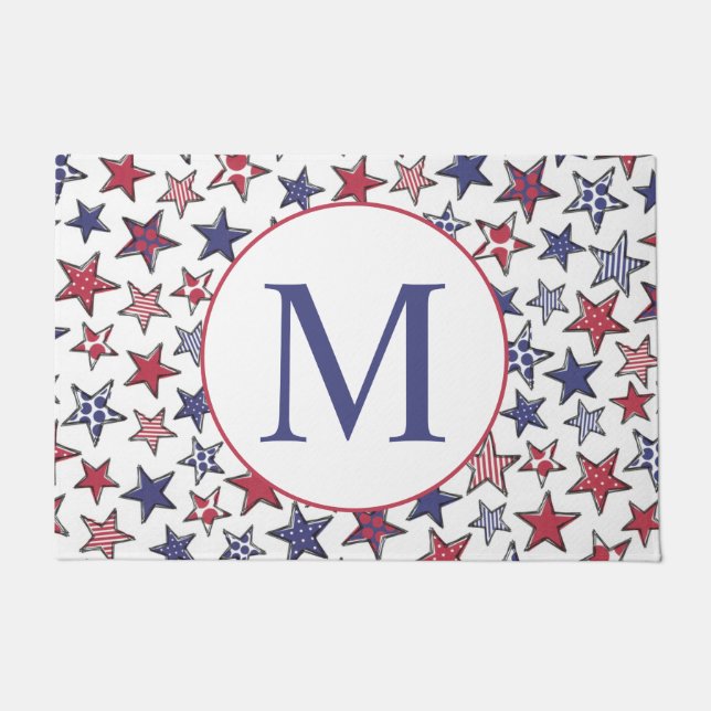 Red White Blue Stars America Patriotic Monogram  Doormat (Front)