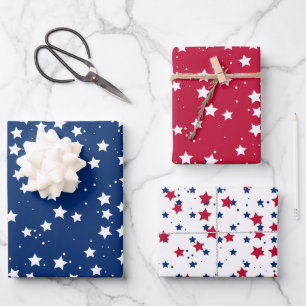 Red White Blue Stars Pattern USA Independence Day Wrapping Paper Sheet