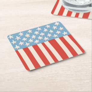 Red White & Blue Stars & Stripes Family Barbecue Square Paper Coaster