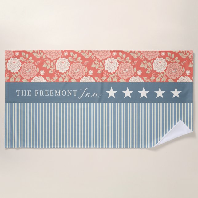 Red White Blue Stars Stripes Floral Block print  Beach Towel (Front)