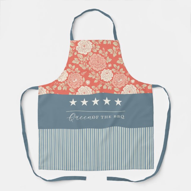 Red White Blue Stripe Block Print Stars Apron (Front)