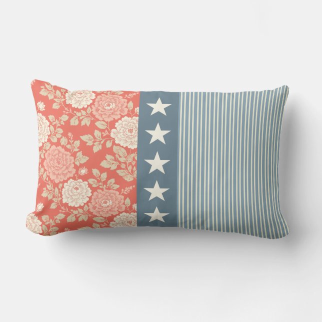 Red White Blue Stripe Block Print Stars Lumbar Cushion (Front)