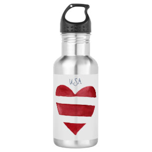 Red White Blue Stripe Watercolor Hearts U.S.A. 532 Ml Water Bottle