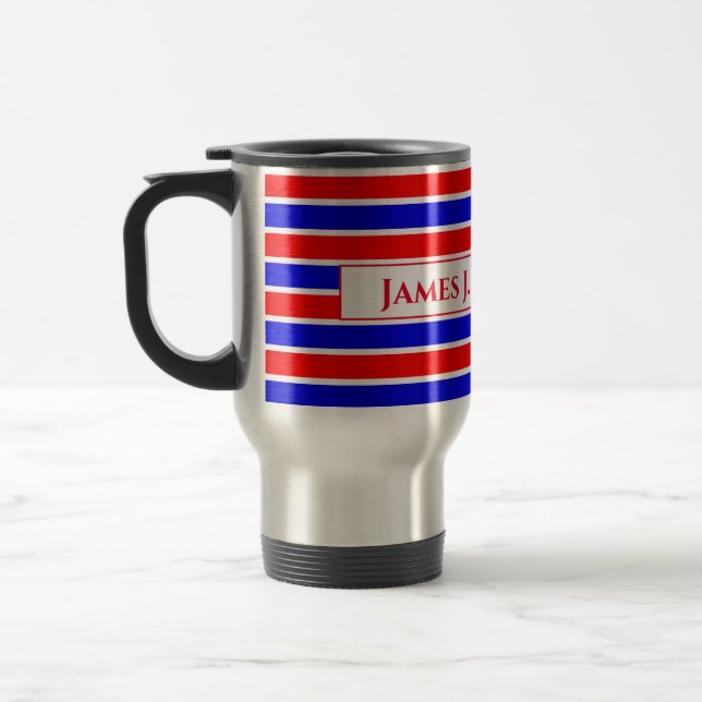 Red White Blue Striped Travel Mug (Left)