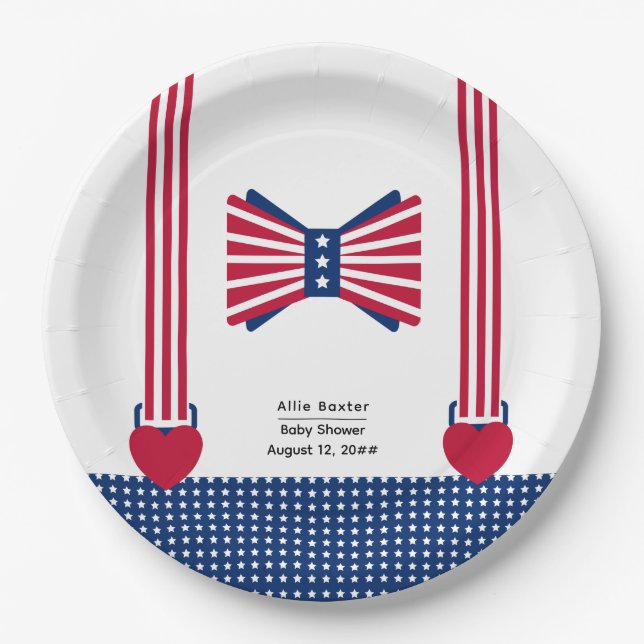Red White & Blue Stripes 4th Of July Baby Shower Paper Plate (Front)