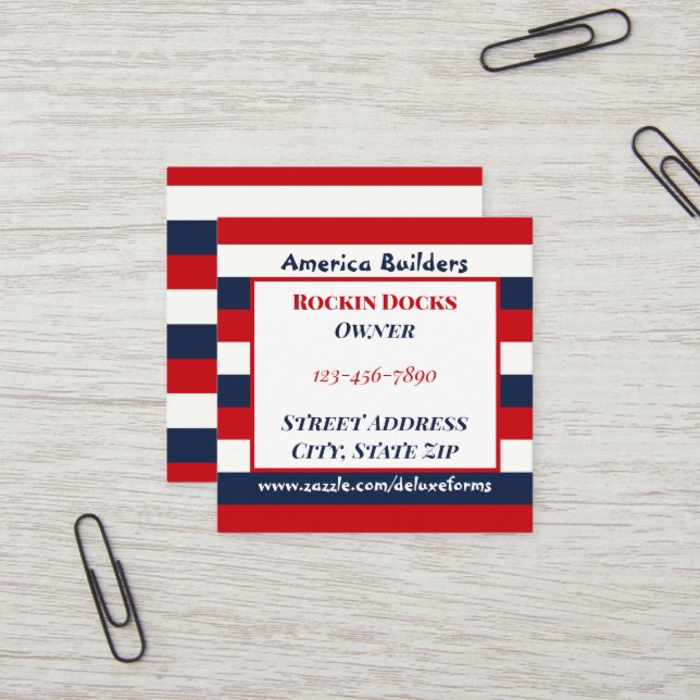 Red White Blue Stripes Square Business Card (Front/Back In Situ)