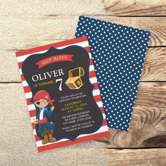 Red White Blue Tan Pirate Boy Birthday Invitation (Creator Uploaded)
